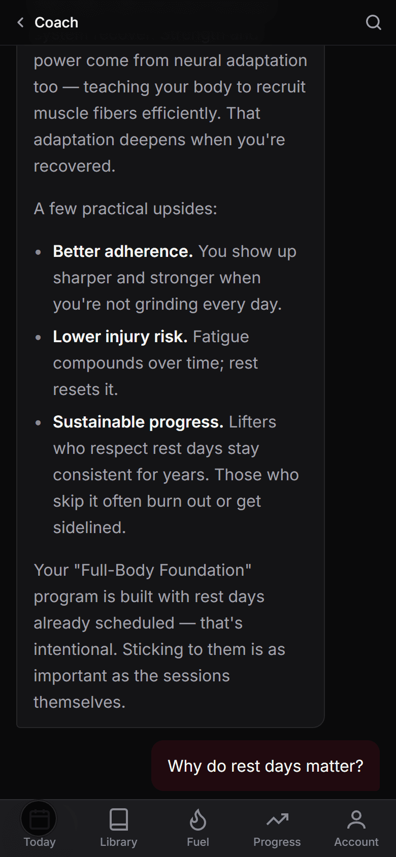 The AI coach answering a question about why rest days matter, referring to the member's current program.