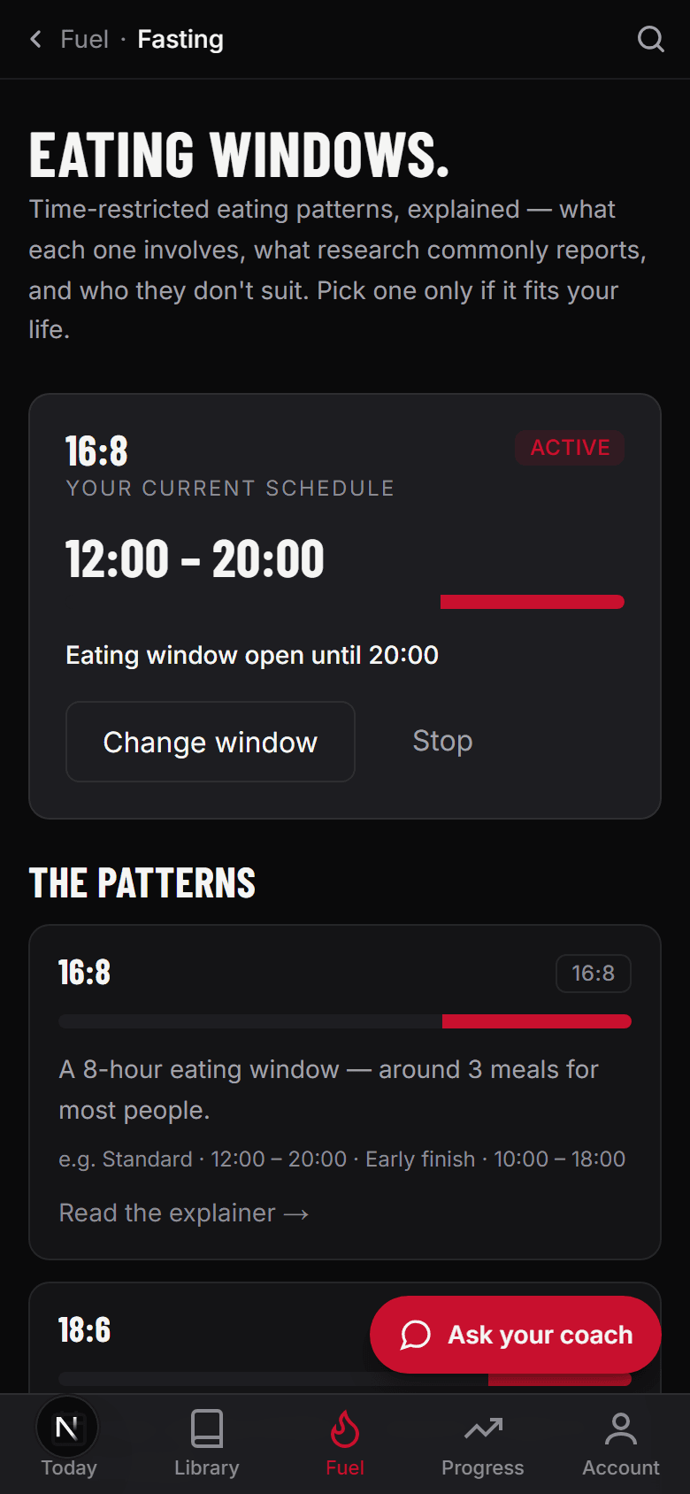 The fasting screen showing an eating window and its schedule.