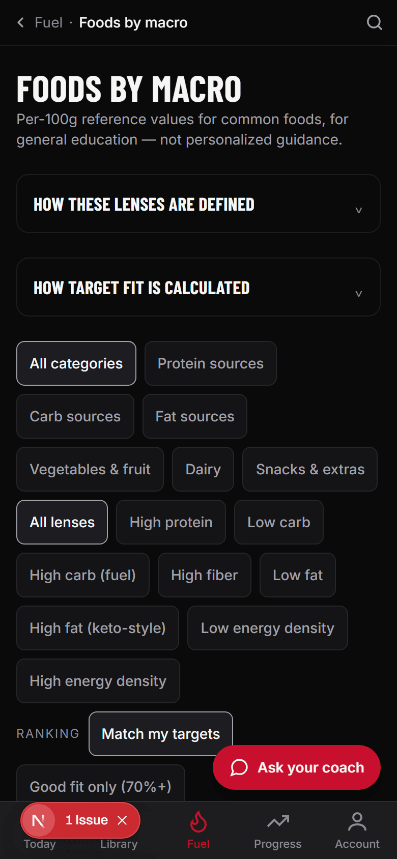 The foods-by-macro browser in Match my targets mode, showing foods ranked with a target-fit percentage badge.