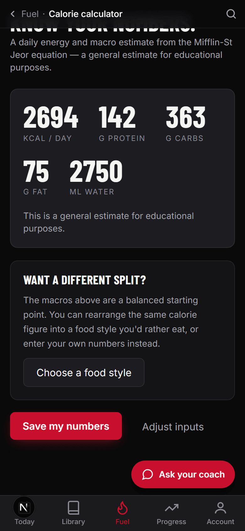 The nutrition calculator showing daily calorie, protein, carbohydrate, fat and water estimates.