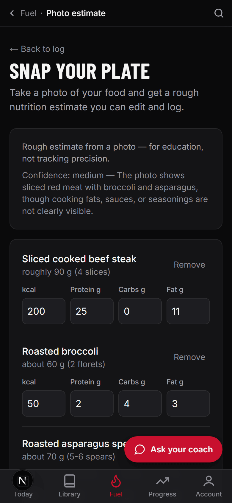 A photo food log result: an editable list of items with calories, protein, carbs and fat, and a totals row.