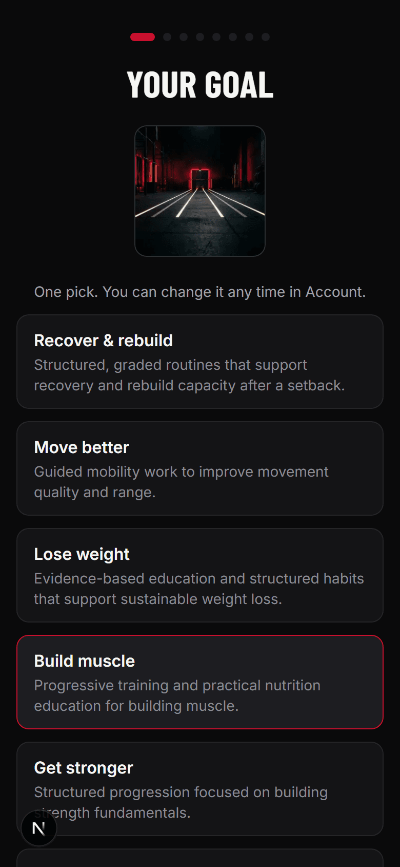 The session player mid-exercise: start and end images for a Romanian deadlift, a running rest timer, and a stop-if note.