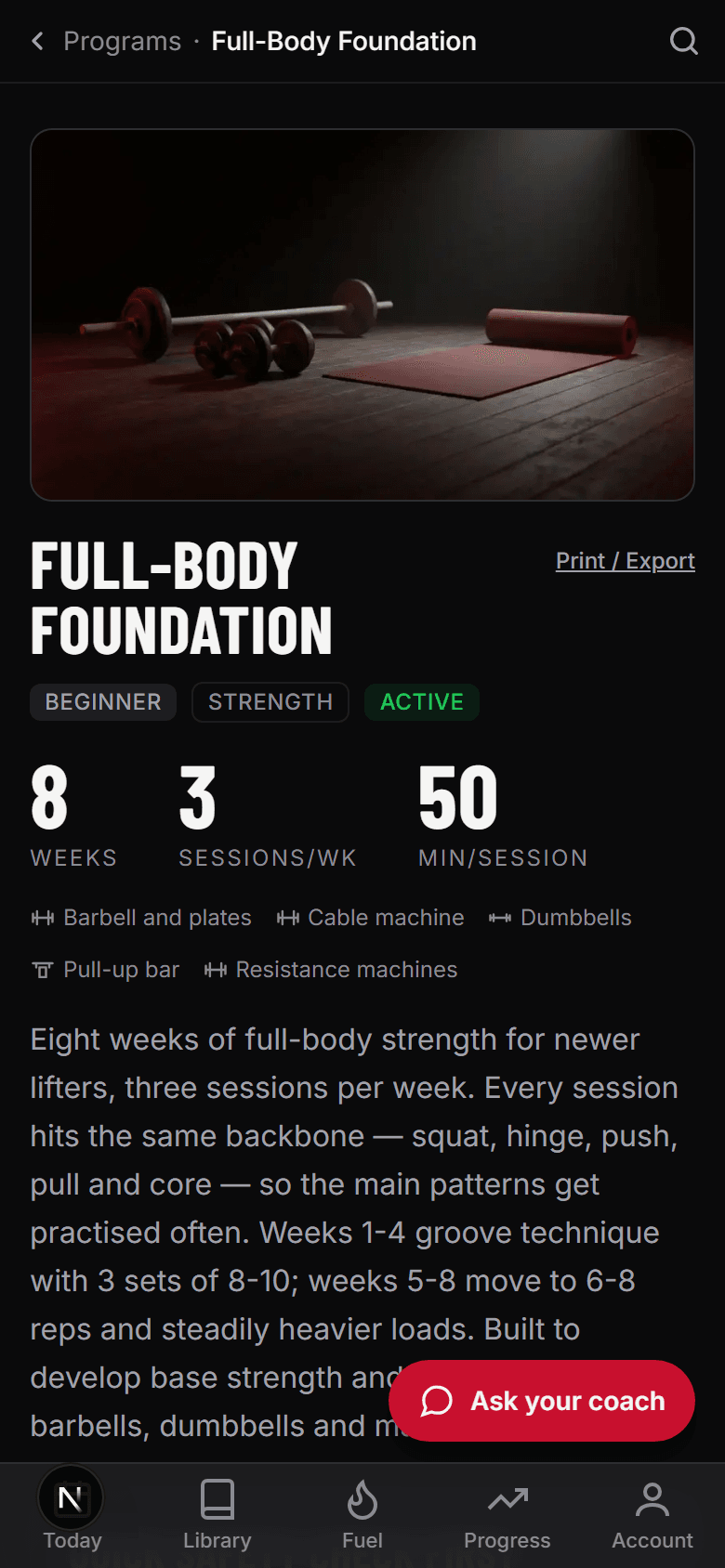 The Full-Body Foundation program page, showing the week-by-week session map.