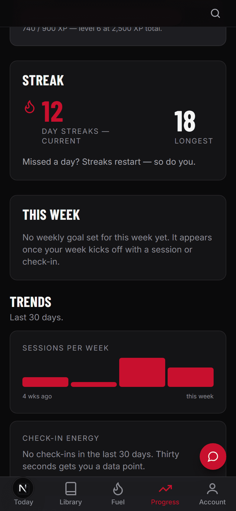 The Progress screen showing level, total XP, a current streak and a longest streak.