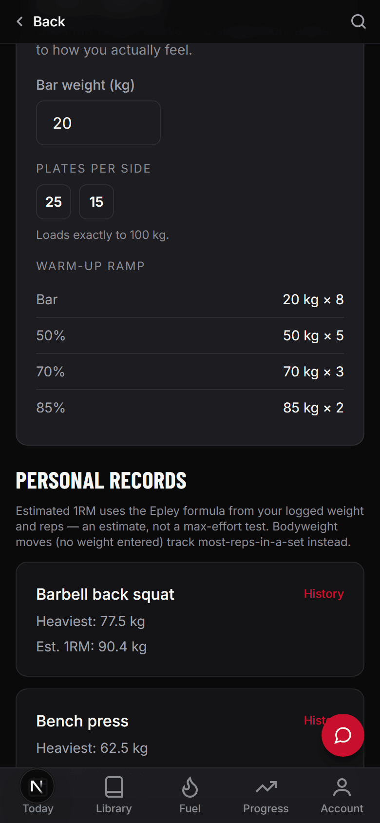The quick-log set entry form with a plate-per-side breakdown and a warm-up ramp for the weight entered.