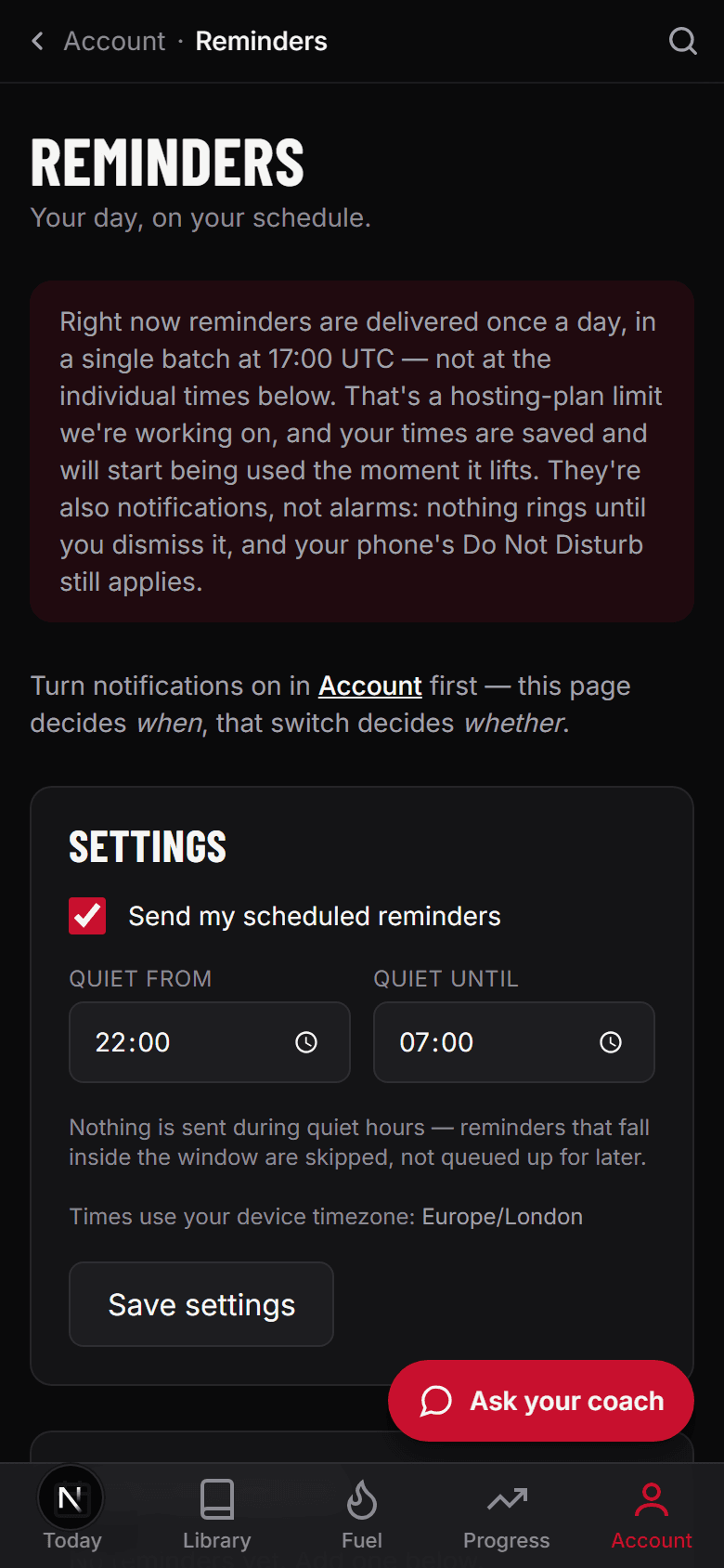 The reminders screen showing a weekly schedule of notification times.