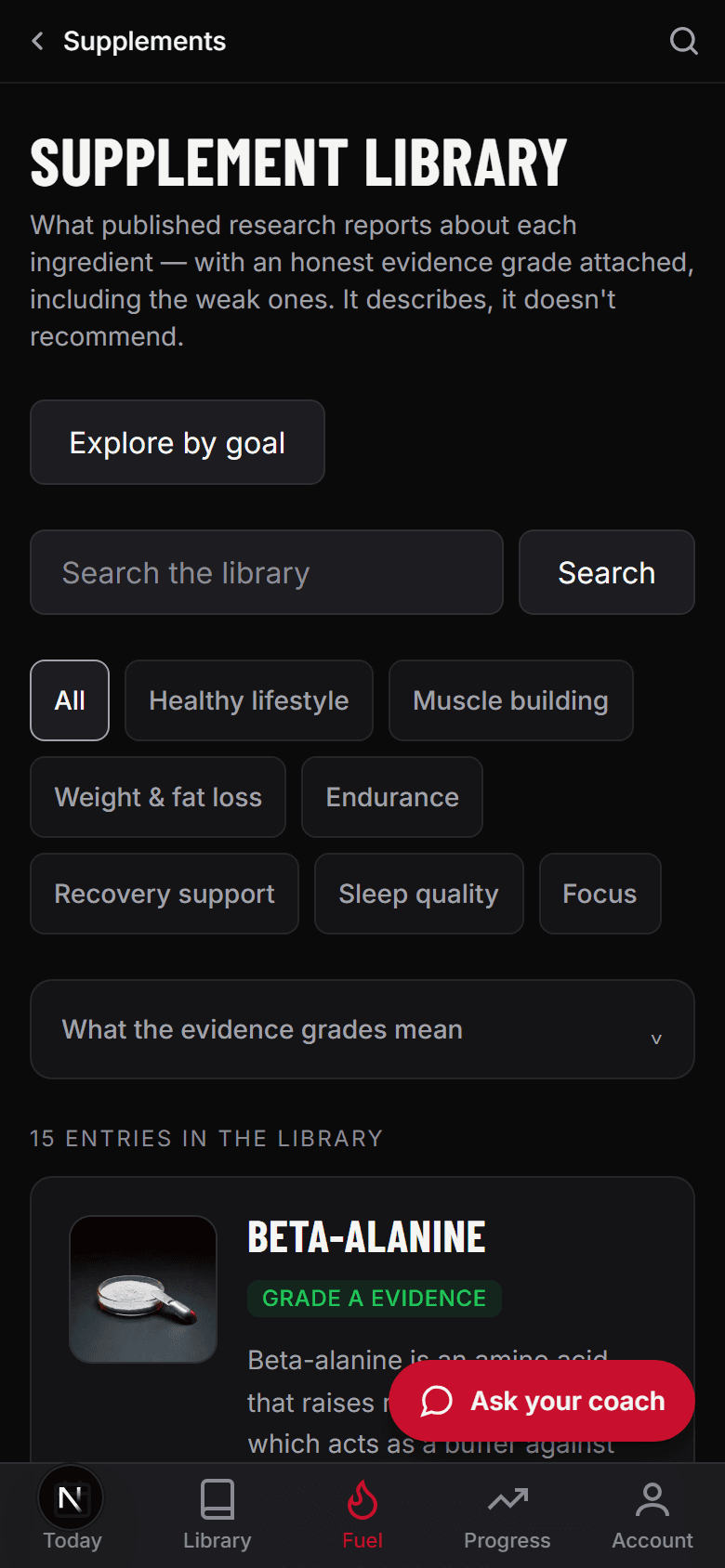 The supplement library, showing entries with an evidence grade badge next to each one.