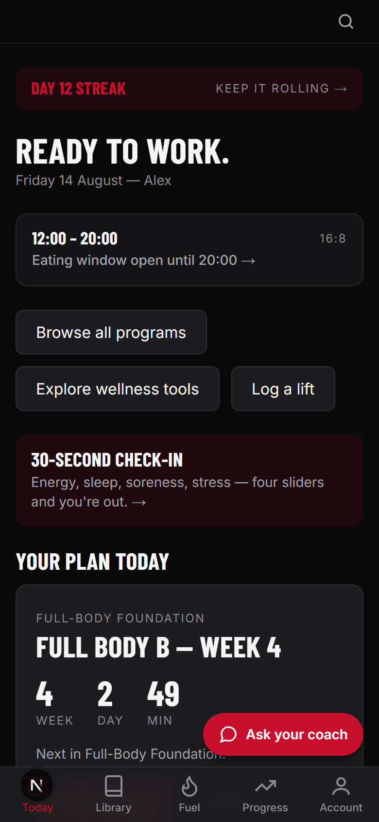 The Today screen, showing a running streak, the day's session and a shortcut to the coach.