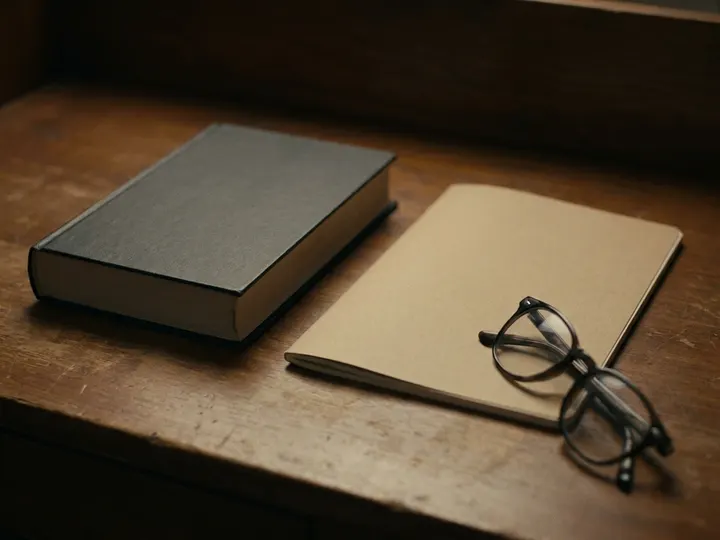A closed hardback book, reading glasses and a plain notebook on a dark desk.