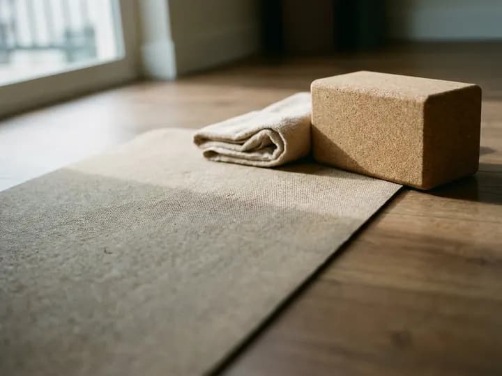 A yoga mat unrolled on a dark floor beside a cork block and a folded towel.