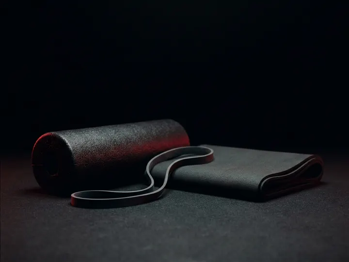 A foam roller, a looped resistance band and a folded exercise mat on a dark studio floor.