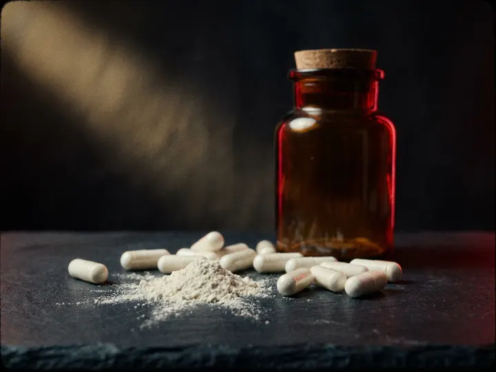 Loose capsules and a small pile of powder on dark slate beside a plain unlabelled amber jar.