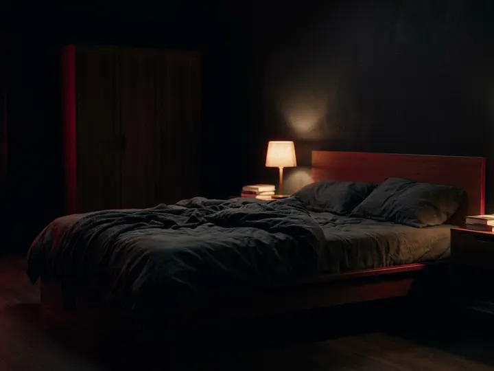 A dark, quiet bedroom at night lit by a single low bedside lamp.