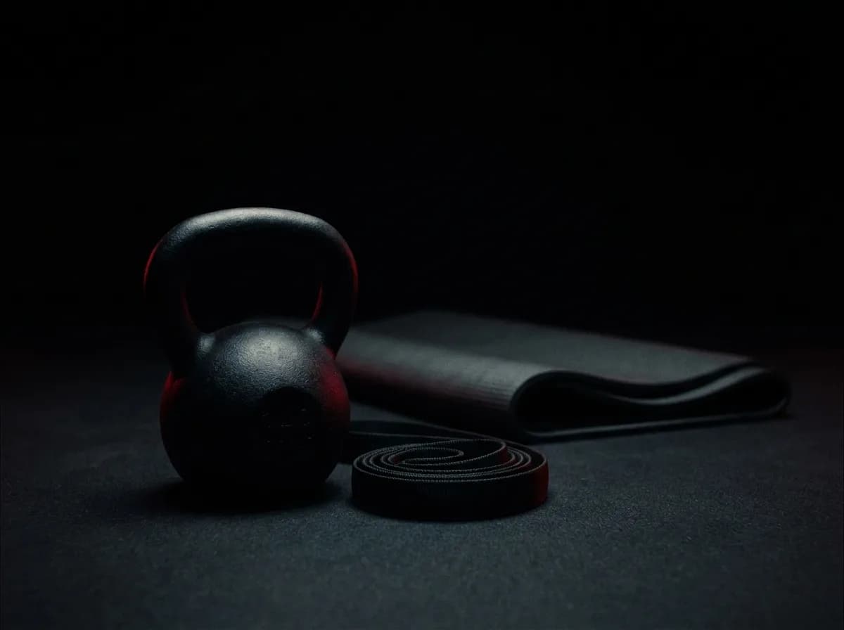 A kettlebell, a coiled resistance band and a folded exercise mat on a dark floor, lit from one side.
